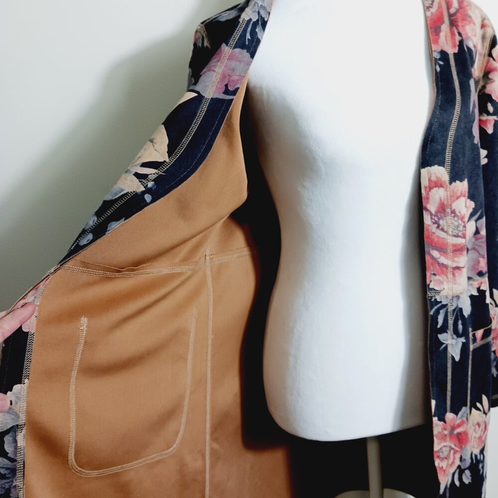 Solitaire, Anthropologie, Faux Suede Open Long Jacket, Gray/Brown w/ Floral, MED - Picture 7 of 16
